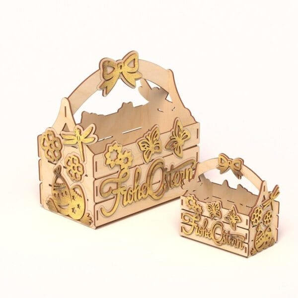 Personalized Wooden Easter Basket: Laser-carved spring decor with "Frohe Ostern", butterflies, flowers, & bow details for gifting & display.