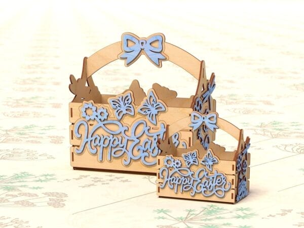 Personalized Wooden Easter Basket: Laser-carved spring decor with "Happy Easter" text, butterflies, flowers, and bow detail.