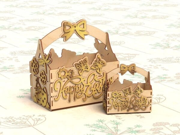 Personalized Wooden Easter Basket: Laser-carved spring decor with "Happy Easter", butterfly, and floral design for retail, gifting, and event displays.