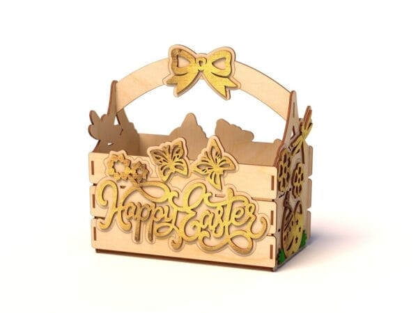 Personalized Wooden Easter Basket: Laser-carved spring decor with "Happy Easter" design, butterflies, flowers, and bow