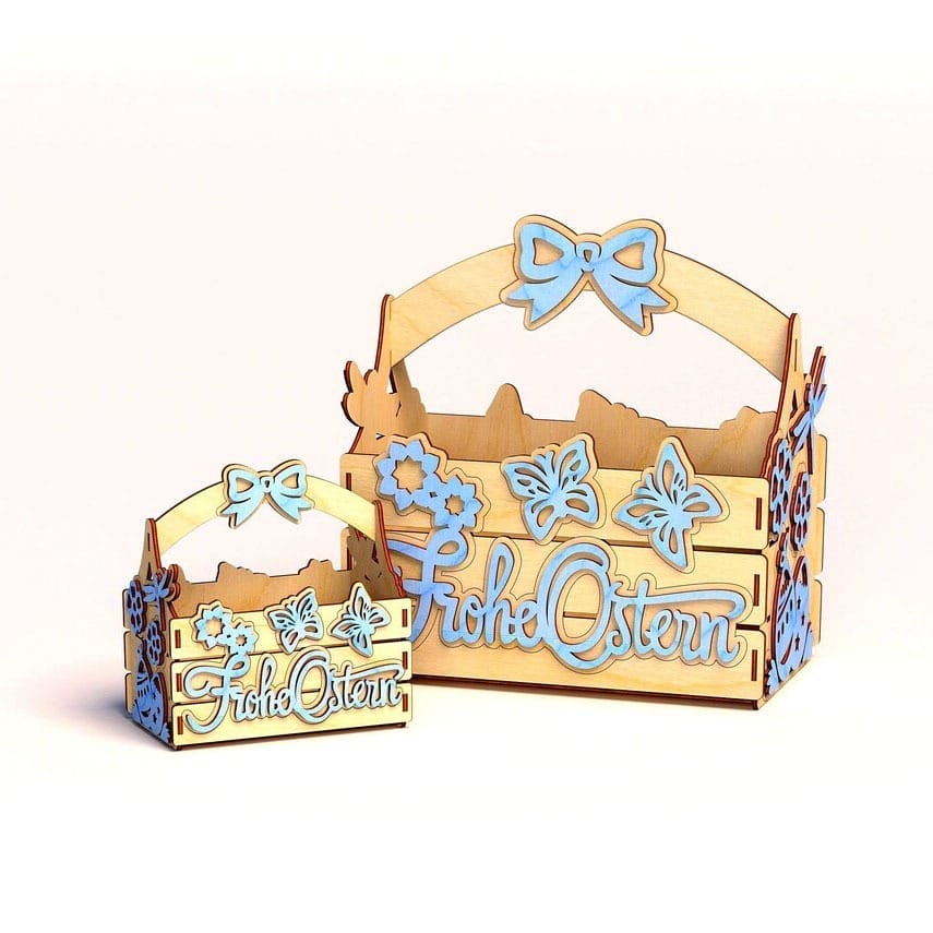 Personalized Wooden Easter Basket: Laser-carved spring decor with "Frohe Ostern" and blue accents, ideal for gifting and retail displays.