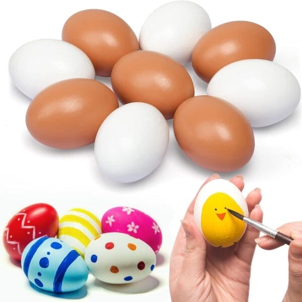 Brown and white eggs, some plain and some painted with colorful designs.