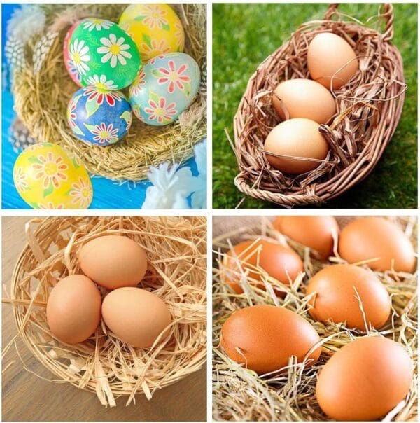 Easter eggs in nests: Colorful decorated eggs and natural brown eggs in straw-filled baskets