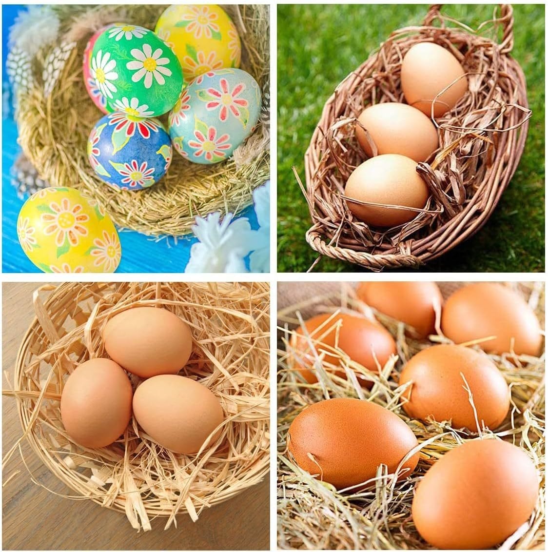 Easter eggs in nests: Colorful decorated eggs and natural brown eggs in straw-filled baskets