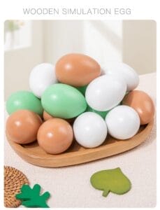 WOODEN SIMULATION EGG: Montessori toy eggs in white, brown, and green on a wooden plate for pretend play.