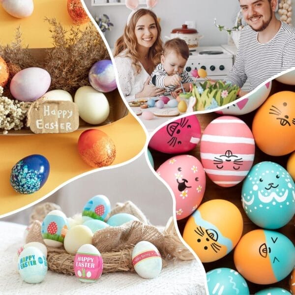 Easter egg decorating collage: Family crafting, painted eggs with cute faces & festive designs.