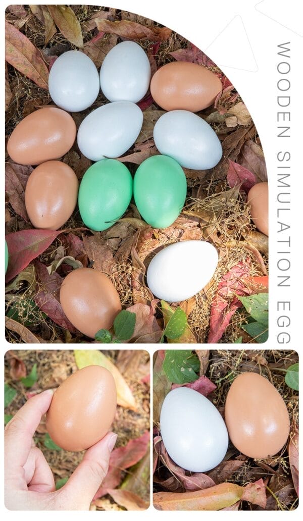 Wooden simulation eggs in white, brown & green on leaves. Craft or decor.