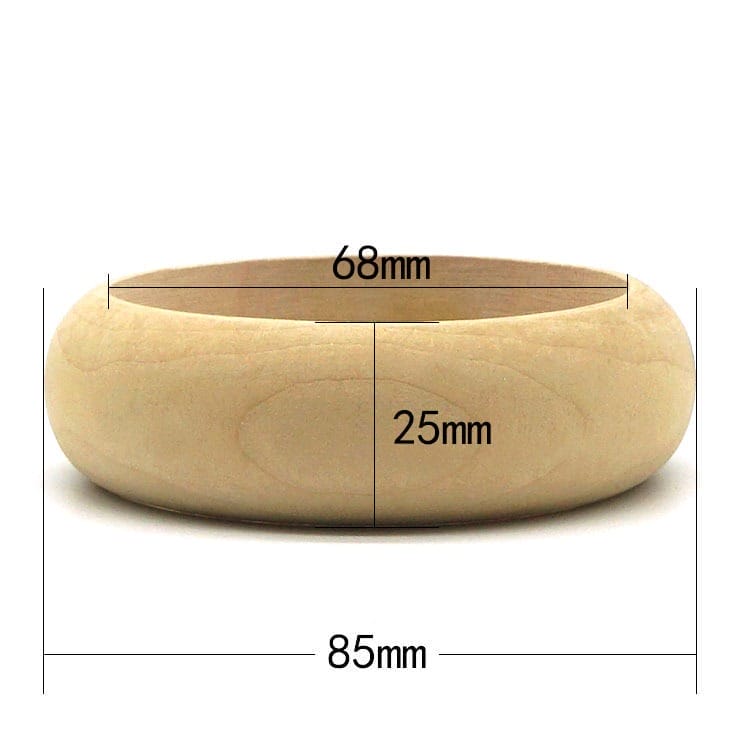Wooden bangle bracelet with 68mm inner diameter, 85mm outer diameter, and 25mm width.
