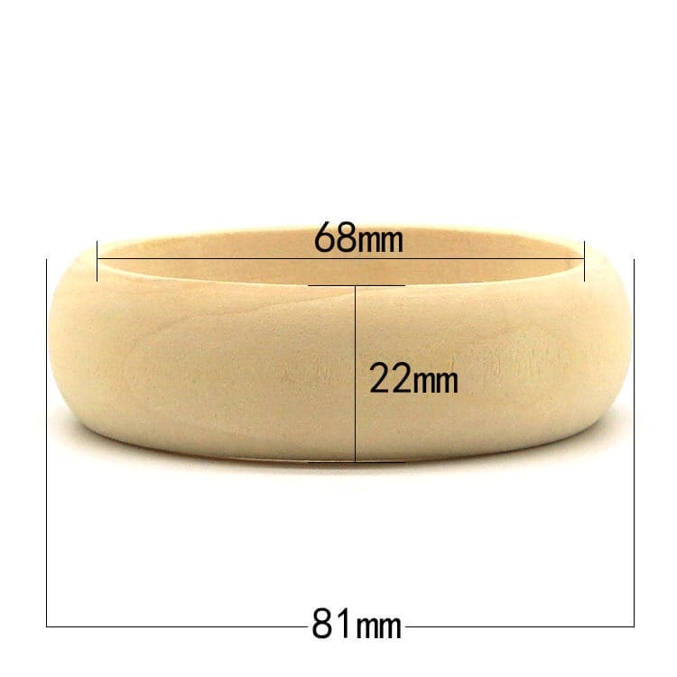 Wooden bangle with dimensions: 68mm inner diameter, 81mm outer diameter, and 22mm width