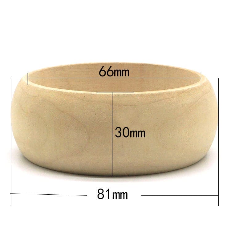 Unfinished wooden bangle bracelet with dimensions: 66mm inner diameter, 81mm outer diameter, 30mm width.