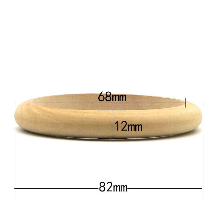 Unfinished wood bangle bracelets wholesale with dimensions: inner diameter 68mm, height 12mm, outer diameter 82mm.