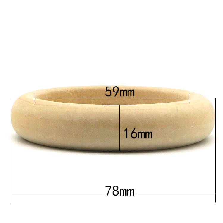 Unfinished wooden ring with dimensions: 59mm inner diameter, 78mm outer diameter, and 16mm thickness.