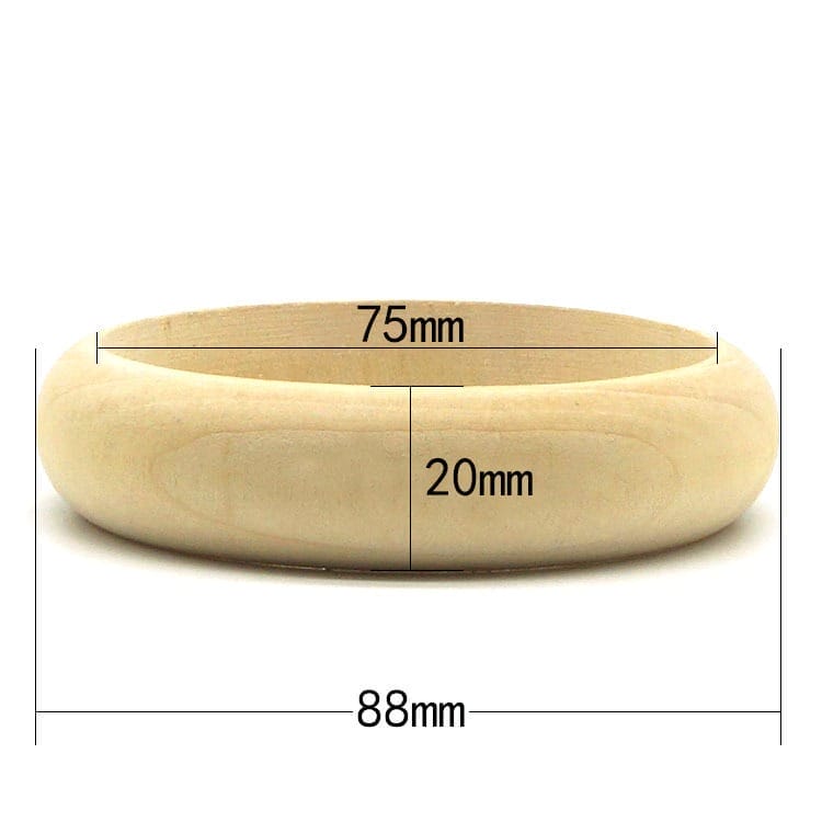 Unfinished wooden bangle bracelet blank, 88mm outer diameter, 75mm inner diameter, 20mm thick.