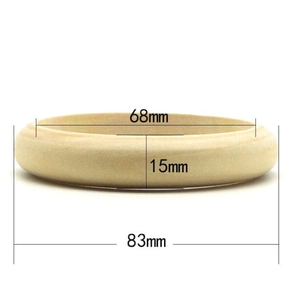 Wooden bangle with dimensions: 83mm outer diameter, 68mm inner diameter, 15mm width