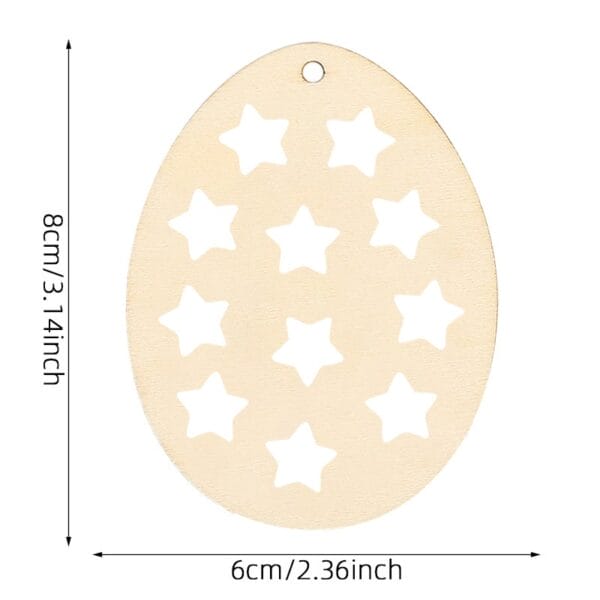 Egg-shaped wooden cutout with star-shaped holes for Easter crafts