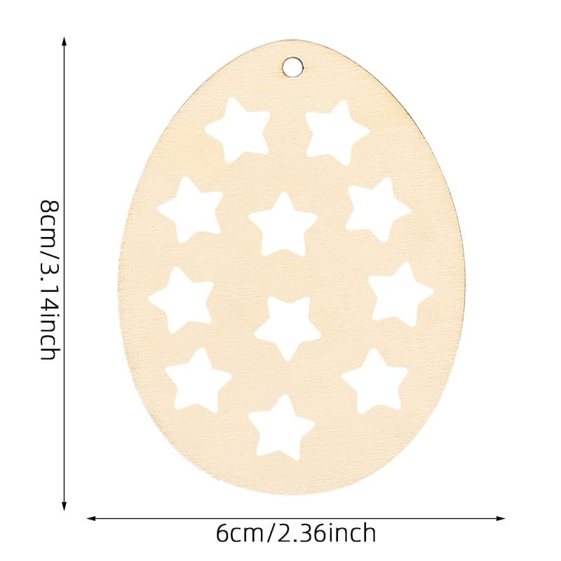 Egg-shaped wooden cutout with star-shaped holes for Easter crafts