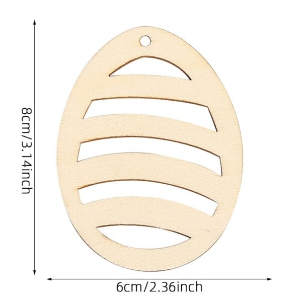 Wooden Easter egg ornament with horizontal stripe cutouts and hanging hole