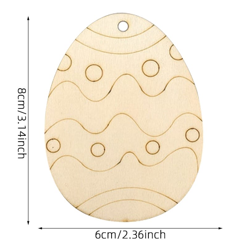 Wooden Easter egg cutout with etched wavy lines and circles, ready for painting and crafting