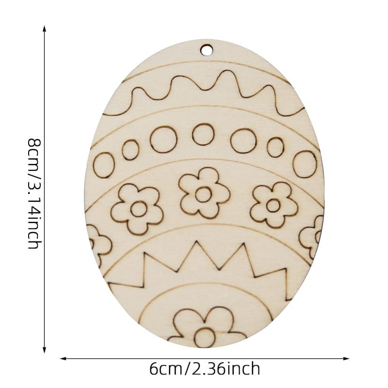 Wooden Easter egg ornament with floral and zig-zag patterns, ready to be painted or decorated