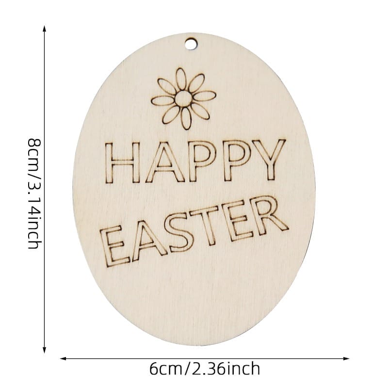 Wooden Happy Easter tag with flower design, oval shape, perfect for Easter decorations