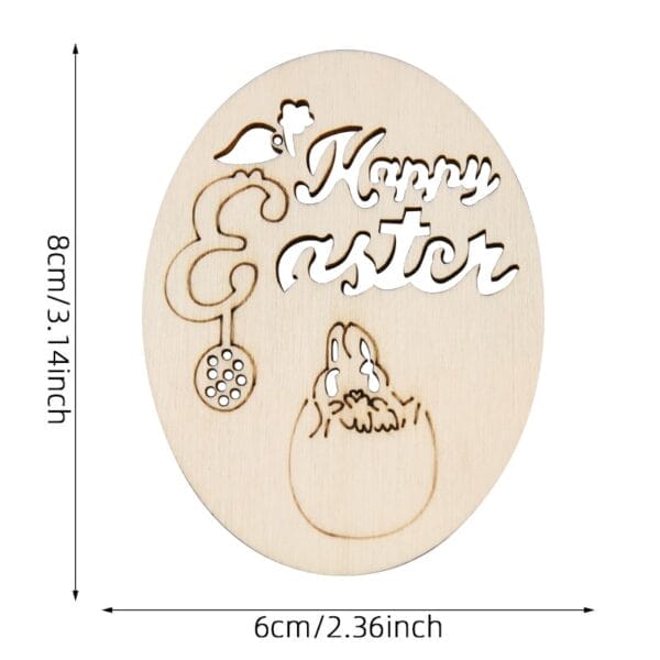Wooden Easter egg decoration featuring "Happy Easter" text, bunny, and decorative egg