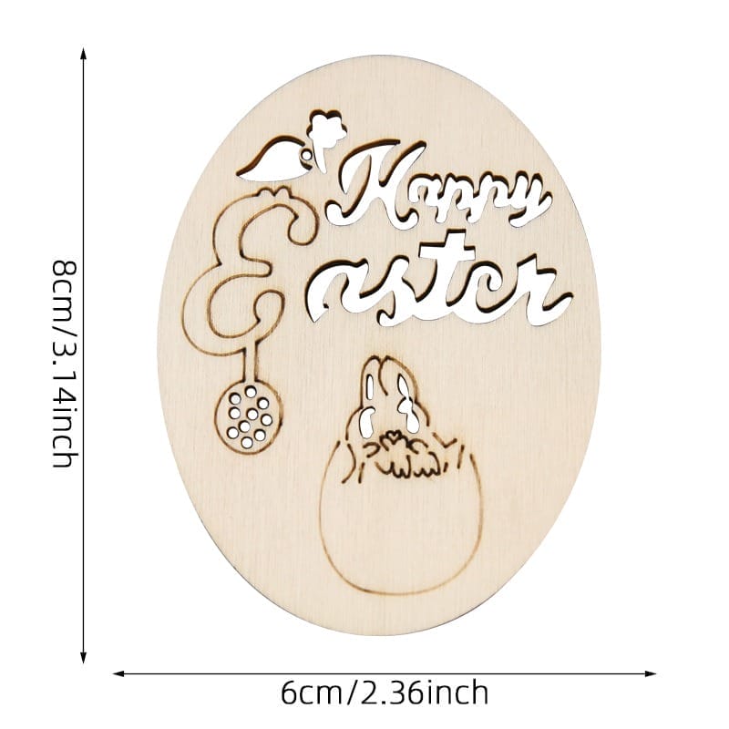 Wooden Easter egg decoration featuring "Happy Easter" text, bunny, and decorative egg