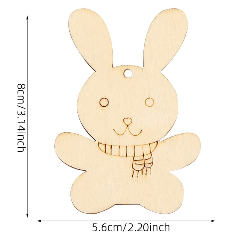 Wooden bunny cutout with scarf, 8cm tall, for crafts or Easter decorations.