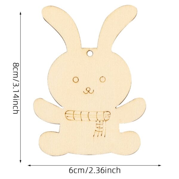 Wooden bunny ornament with scarf, 8cm tall, 6cm wide. Perfect for Easter crafts or decorations.