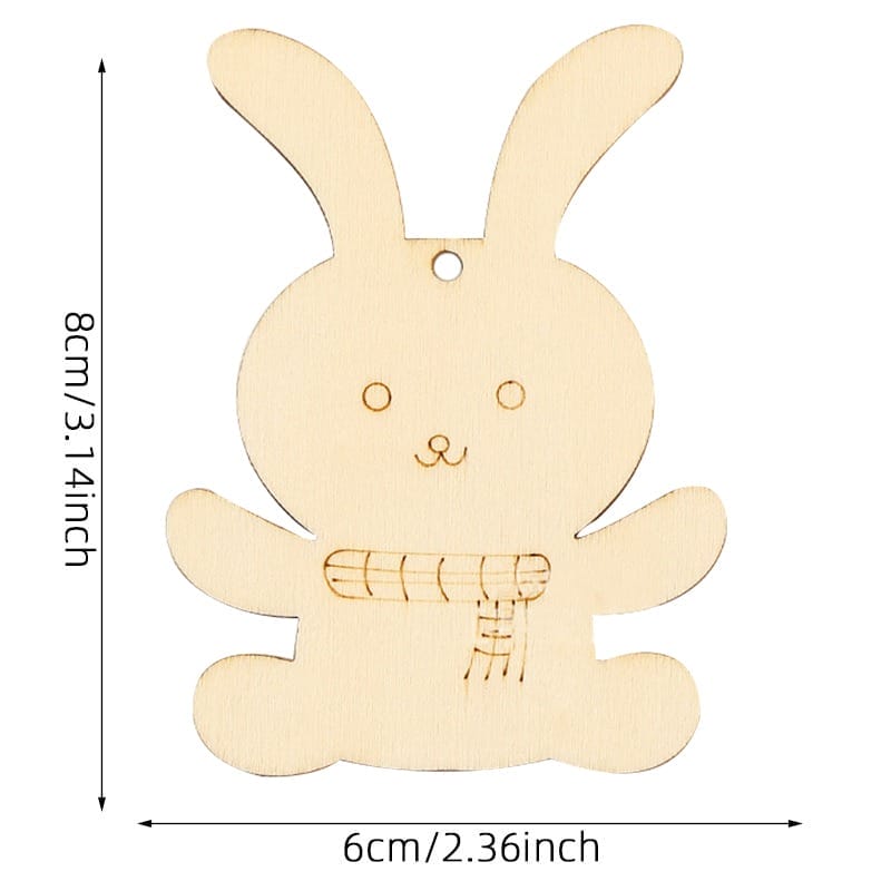 Wooden bunny ornament with scarf, 8cm tall, 6cm wide. Perfect for Easter crafts or decorations.