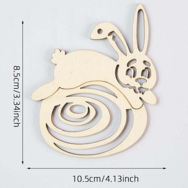 Wooden Easter Cutout: DIY craft featuring a bunny leaping over a swirl design, perfect for Easter decorations