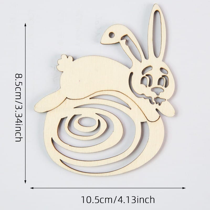 Wooden Easter Cutout: DIY craft featuring a bunny leaping over a swirl design, perfect for Easter decorations