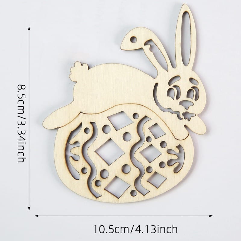 Wooden Easter Cutout: Bunny leaping over decorated Easter egg. DIY craft.