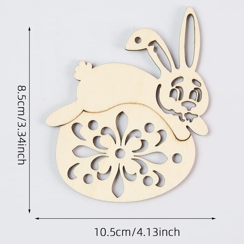 Wooden Easter Cutout: Bunny rabbit leaping over a floral Easter egg. DIY wood craft Easter decoration.