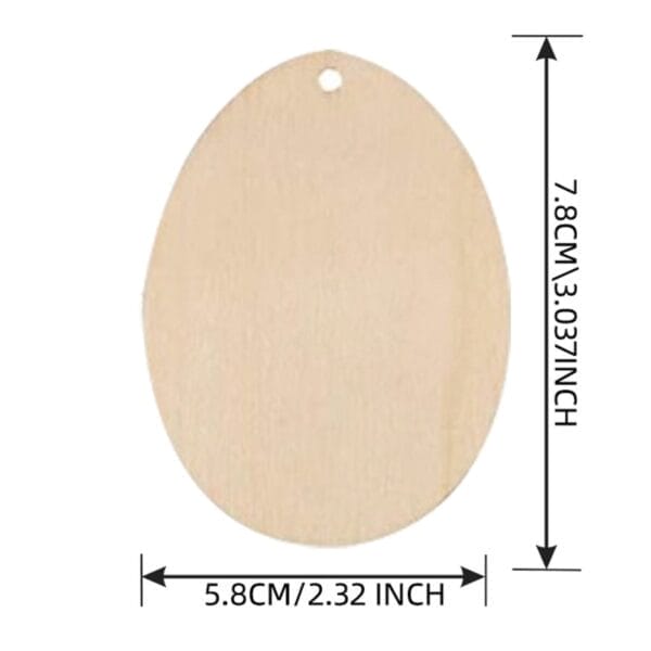 Wooden egg-shaped blank craft with a hole for hanging, measuring 7.8cm x 5.8cm