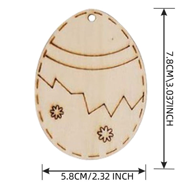 Wooden Easter egg cutout with etched designs: zigzags, flowers, and dashed border