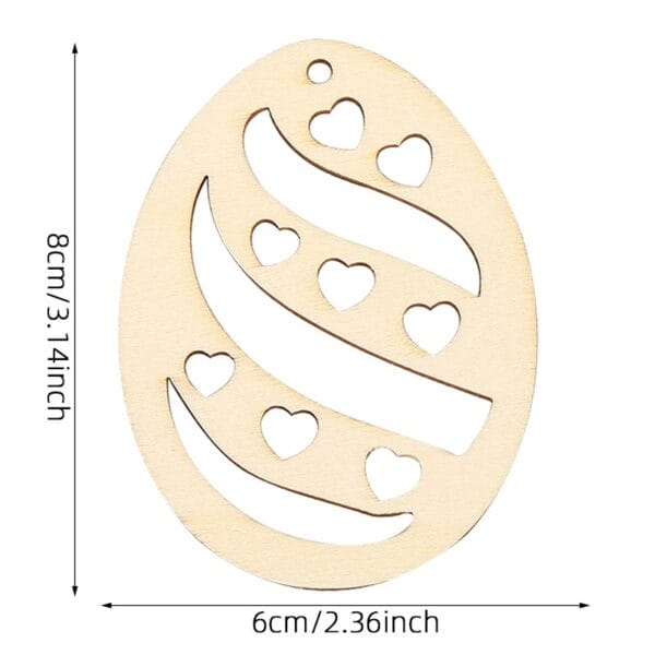 Wooden Easter egg cutout with heart and swirl pattern. DIY craft decoration.