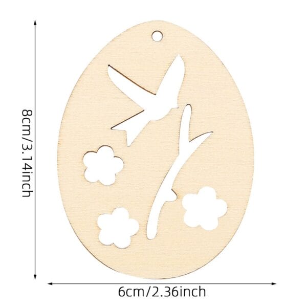 Wooden egg ornament with bird, branch, and flower cutouts, perfect for Easter decoration