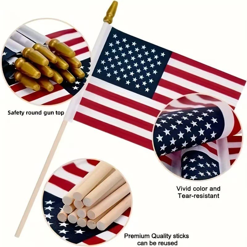 American flag on a wooden stick with safety round gun top. Vivid color, tear-resistant, premium quality, reusable.