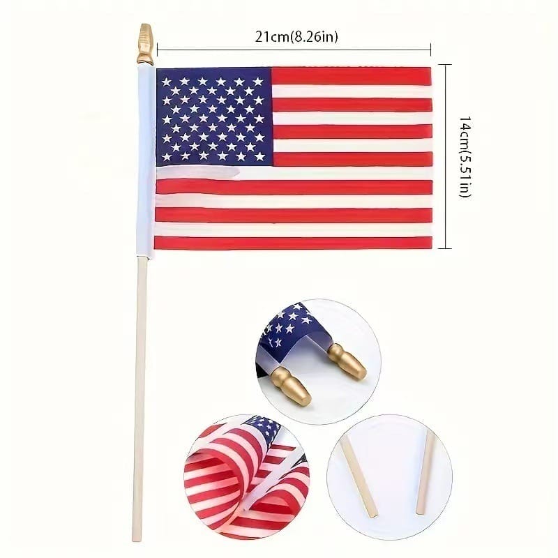 Small American flag on a stick with dimensions: 21cm x 14cm.
