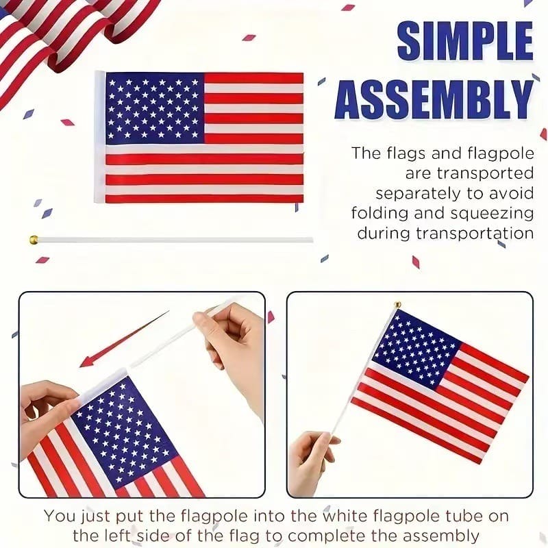 Small American flag assembly instructions: flag, pole, and easy setup steps shown.