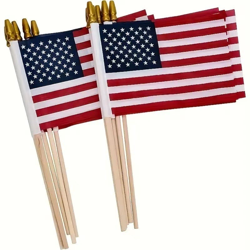 AUTO-DRAFT: Small American flags on wooden sticks with gold toppers, perfect for patriotic events
