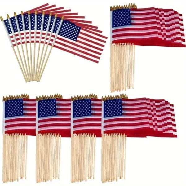 Collection of small American flags on wooden sticks