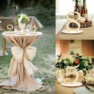 Rustic Wood Table Numbers: Wooden wedding table numbers 2, 3, 4, 5, and 8 displayed on decorated tables.