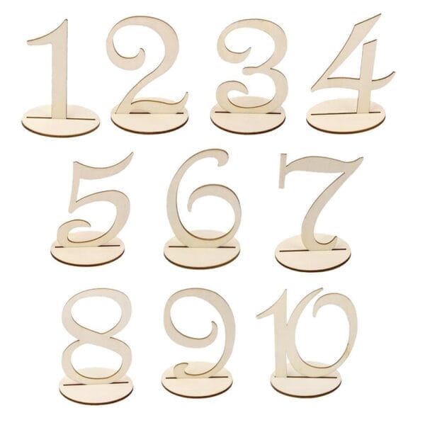 Rustic Wood Table Numbers 1-10: Custom wooden wedding table numbers with stands.