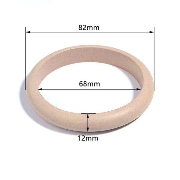 Polished natural wood bangle bracelet, light beige, with dimensions 82mm outer, 68mm inner, 12mm thick.