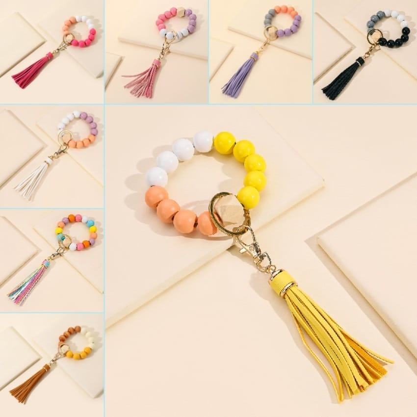 Colorful beaded wristlet keychains with tassel accents, stylish and practical accessories