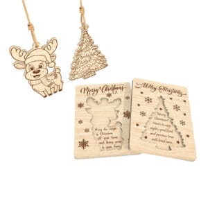 Wooden Christmas ornaments: reindeer, tree, and cards with "Merry Christmas" text.