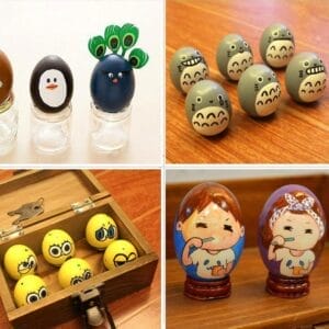 Decorated Easter eggs: penguin, Totoro, smiley faces in a box, and children brushing teeth.