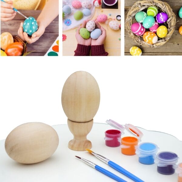 Unfinished wooden eggs with paint pots & brushes for Easter crafts & decorating