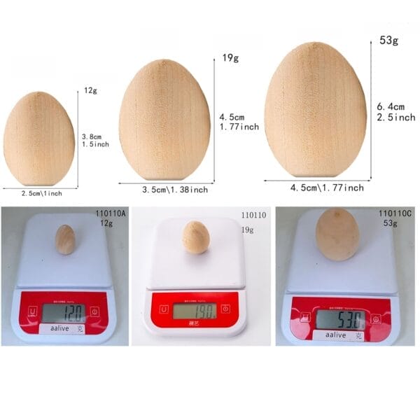 Three wooden eggs: small (12g), medium (19g), and large (53g), each on a digital scale showing its weight and dimensions.